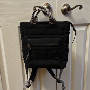 Black Quilted Backpack with Patterned Straps